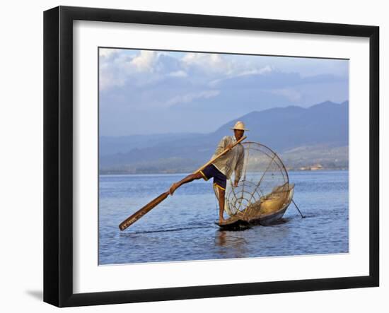 Intha Fisherman with a Traditional Fish Trap, Using Leg-Rowing Technique, Lake Inle, Myanmar-Nigel Pavitt-Framed Photographic Print