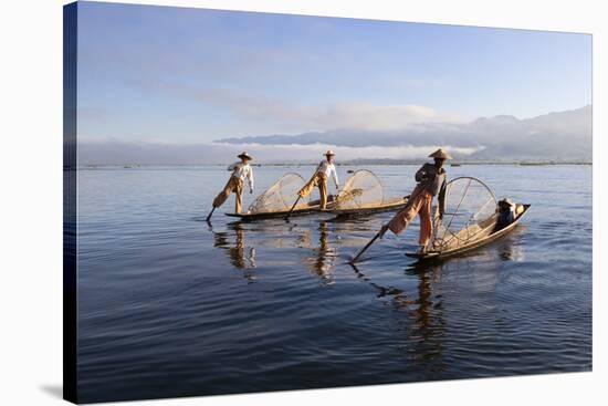 Intha Leg-Rower Fishermen, Inle Lake, Shan State, Myanmar (Burma), Asia-Stuart Black-Stretched Canvas