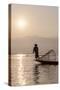 Intha Leg Rowing Fisherman at Dawn Silhouetted Against the Sun, Inle Lake, Nyaungshwe-Stephen Studd-Stretched Canvas