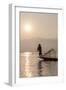 Intha Leg Rowing Fisherman at Dawn Silhouetted Against the Sun, Inle Lake, Nyaungshwe-Stephen Studd-Framed Photographic Print