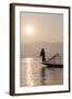 Intha Leg Rowing Fisherman at Dawn Silhouetted Against the Sun, Inle Lake, Nyaungshwe-Stephen Studd-Framed Photographic Print