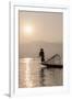 Intha Leg Rowing Fisherman at Dawn Silhouetted Against the Sun, Inle Lake, Nyaungshwe-Stephen Studd-Framed Photographic Print