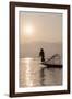 Intha Leg Rowing Fisherman at Dawn Silhouetted Against the Sun, Inle Lake, Nyaungshwe-Stephen Studd-Framed Photographic Print