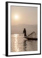 Intha Leg Rowing Fisherman at Dawn Silhouetted Against the Sun, Inle Lake, Nyaungshwe-Stephen Studd-Framed Photographic Print