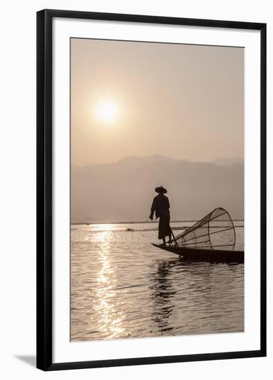 Intha Leg Rowing Fisherman at Dawn Silhouetted Against the Sun, Inle Lake, Nyaungshwe-Stephen Studd-Framed Photographic Print