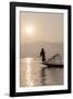 Intha Leg Rowing Fisherman at Dawn Silhouetted Against the Sun, Inle Lake, Nyaungshwe-Stephen Studd-Framed Photographic Print