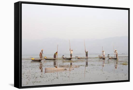 Intha Leg Rowing Fishermen at Dusk, Inle Lake, Nyaungshwe, Shan State, Myanmar (Burma), Asia-Stephen Studd-Framed Stretched Canvas