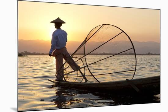 Intha 'Leg Rowing' Fishermen at Sunset on Inle Lake-Lee Frost-Mounted Photographic Print