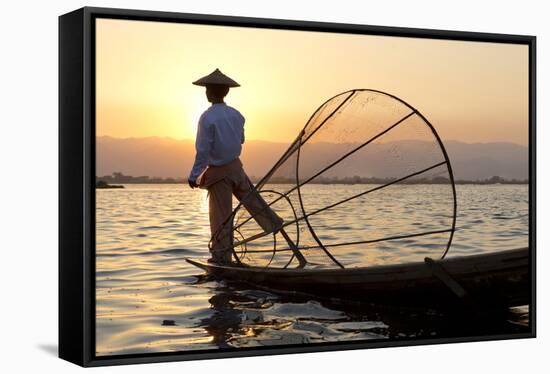 Intha 'Leg Rowing' Fishermen at Sunset on Inle Lake-Lee Frost-Framed Stretched Canvas