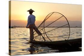 Intha 'Leg Rowing' Fishermen at Sunset on Inle Lake-Lee Frost-Stretched Canvas