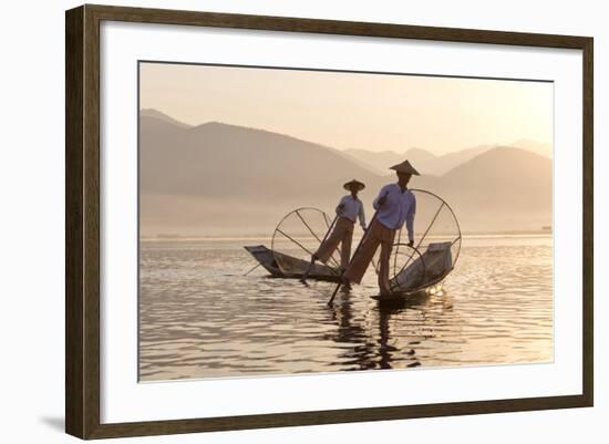 Intha 'Leg Rowing' Fishermen at Sunset on Inle Lake-Lee Frost-Framed Photographic Print