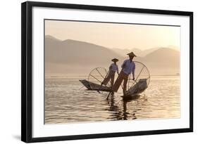 Intha 'Leg Rowing' Fishermen at Sunset on Inle Lake-Lee Frost-Framed Photographic Print