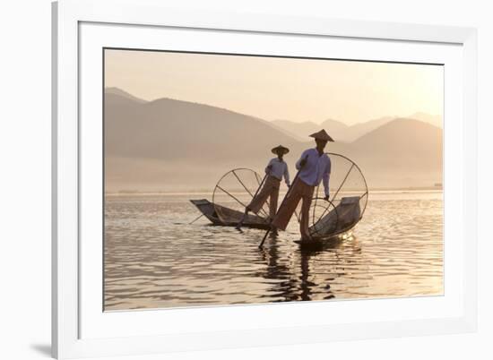 Intha 'Leg Rowing' Fishermen at Sunset on Inle Lake-Lee Frost-Framed Photographic Print