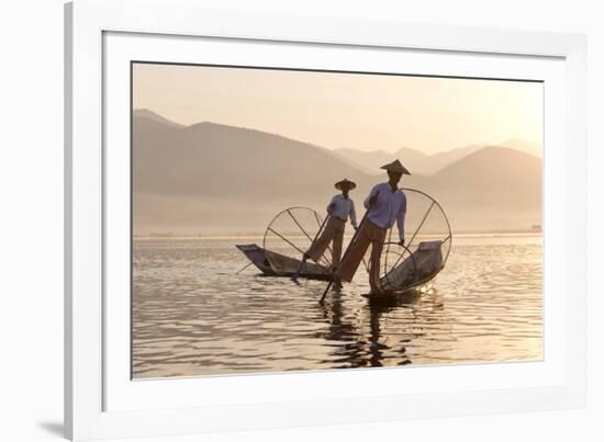 Intha 'Leg Rowing' Fishermen at Sunset on Inle Lake-Lee Frost-Framed Photographic Print