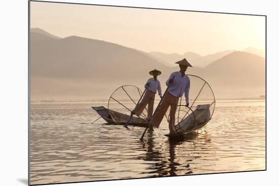 Intha 'Leg Rowing' Fishermen at Sunset on Inle Lake-Lee Frost-Mounted Photographic Print