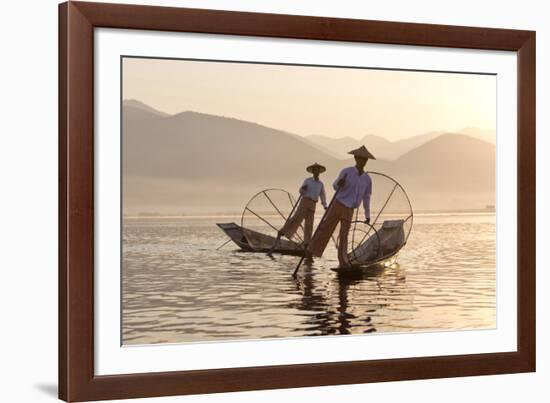 Intha 'Leg Rowing' Fishermen at Sunset on Inle Lake-Lee Frost-Framed Photographic Print