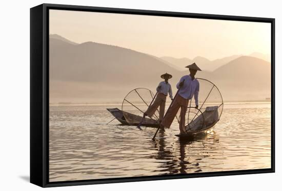 Intha 'Leg Rowing' Fishermen at Sunset on Inle Lake-Lee Frost-Framed Stretched Canvas