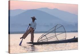 Intha 'Leg Rowing' Fishermen at Sunset on Inle Lake-Lee Frost-Stretched Canvas