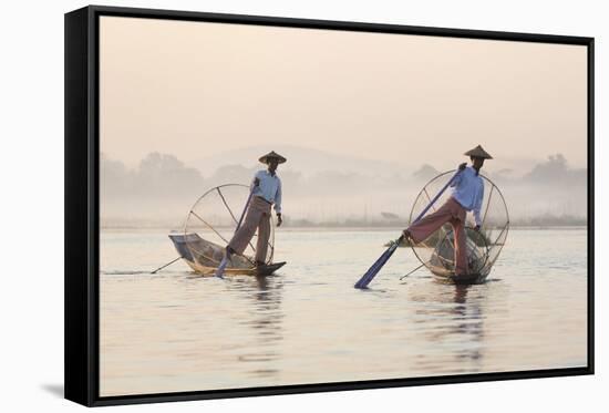 Intha 'Leg Rowing' Fishermen at Sunset on Inle Lake-Lee Frost-Framed Stretched Canvas