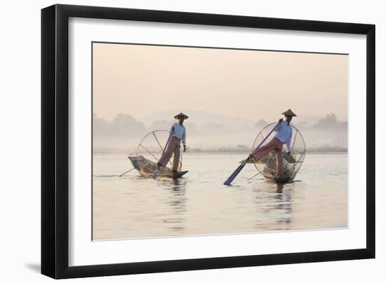 Intha 'Leg Rowing' Fishermen at Sunset on Inle Lake-Lee Frost-Framed Photographic Print