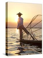 Intha 'Leg Rowing' Fishermen at Sunset on Inle Lake-Lee Frost-Stretched Canvas