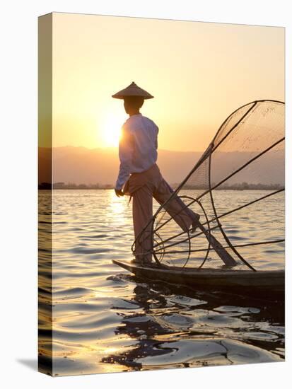 Intha 'Leg Rowing' Fishermen at Sunset on Inle Lake-Lee Frost-Stretched Canvas