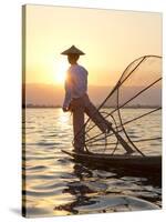 Intha 'Leg Rowing' Fishermen at Sunset on Inle Lake-Lee Frost-Stretched Canvas