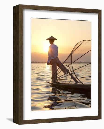 Intha 'Leg Rowing' Fishermen at Sunset on Inle Lake-Lee Frost-Framed Photographic Print