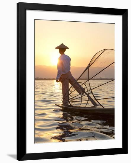 Intha 'Leg Rowing' Fishermen at Sunset on Inle Lake-Lee Frost-Framed Photographic Print