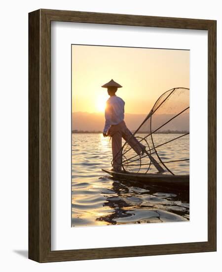 Intha 'Leg Rowing' Fishermen at Sunset on Inle Lake-Lee Frost-Framed Photographic Print