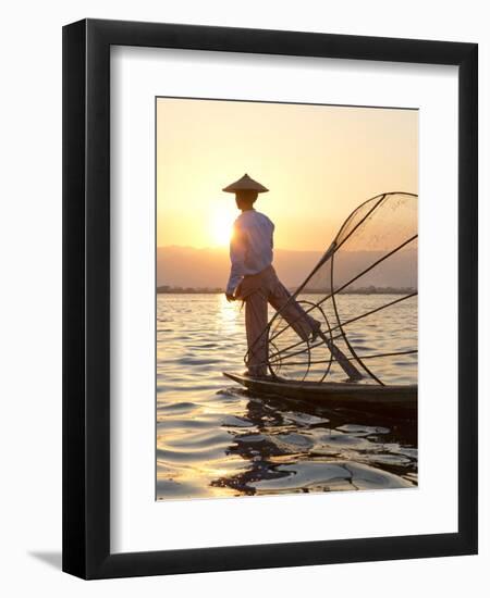 Intha 'Leg Rowing' Fishermen at Sunset on Inle Lake-Lee Frost-Framed Photographic Print