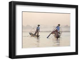 Intha 'Leg Rowing' Fishermen at Sunset on Inle Lake-Lee Frost-Framed Photographic Print