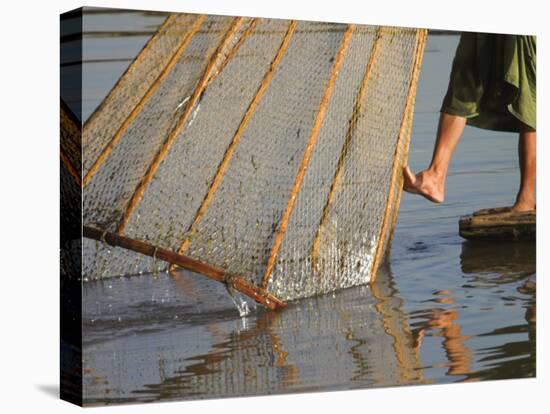 Intha Man Fishing with Cone Shaped Net, Inle Lake, Shan State, Myanmar-Jane Sweeney-Stretched Canvas