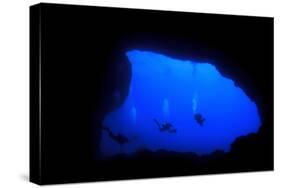 Into Darkness: Underwater Cave Scuba Diving Silhouettes-Rich Carey-Stretched Canvas