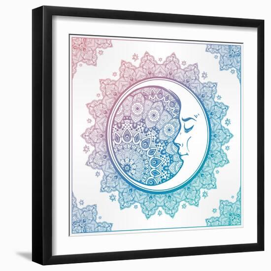 Intricate Ornate Bohemian Crescent Moon with Stars and Mandala . Isolated Vector Illustration. Tatt-Katja Gerasimova-Framed Art Print