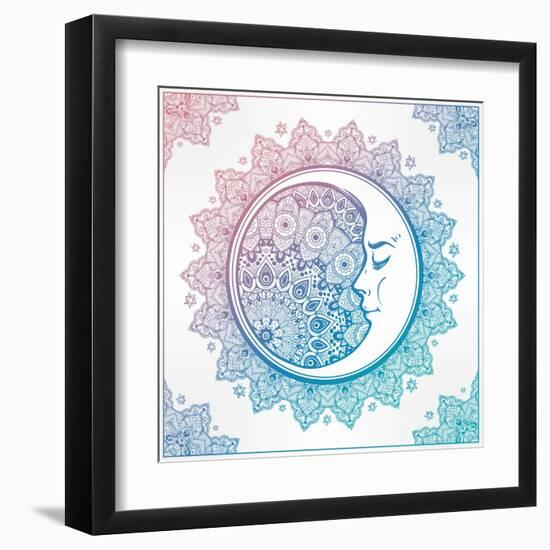 Intricate Ornate Bohemian Crescent Moon with Stars and Mandala . Isolated Vector Illustration. Tatt-Katja Gerasimova-Framed Art Print