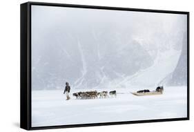 Inuit Hunter Walking His Dog Team on the Sea Ice in a Snow Storm, Greenland, Denmark, Polar Regions-Louise Murray-Framed Stretched Canvas