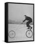 Inventor Maurice Steinlauf Riding Eccentric Bike with Roving Front Wheel-Wallace Kirkland-Framed Stretched Canvas