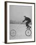 Inventor Maurice Steinlauf Riding Eccentric Bike with Roving Front Wheel-Wallace Kirkland-Framed Photographic Print