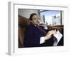 Investment Banker George Soros Working on Phone in Office-null-Framed Photographic Print