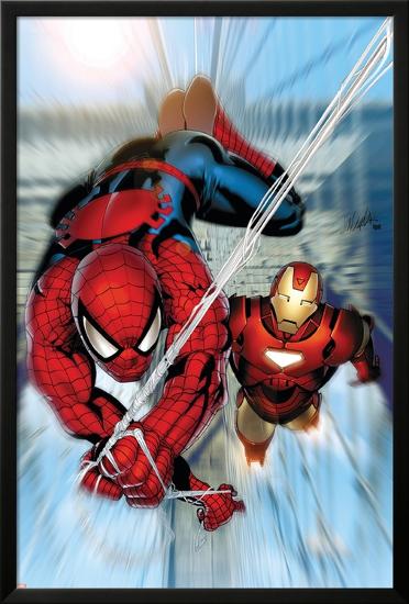 Invincible Iron Man No.7 Cover: Iron Man and Spider-Man-Salvador Larroca-Lamina Framed Poster