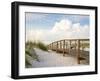 Inviting Boardwalk through the Sand Dunes on a Beautiful Beach in the Early Morning. Beautiful Puff-forestpath-Framed Photographic Print