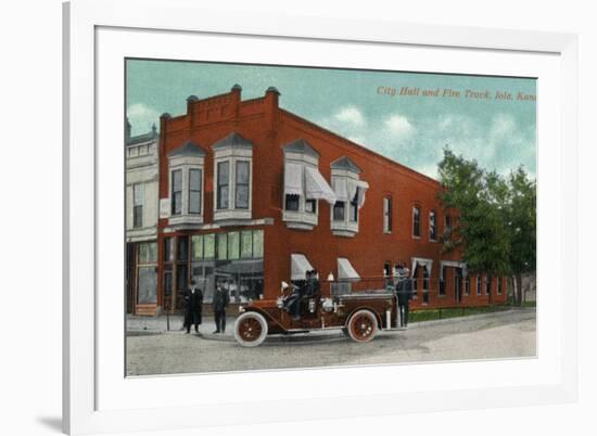 Iola, Kansas - City Hall Exterior with Fire Engine View-Lantern Press-Framed Premium Giclee Print