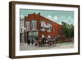 Iola, Kansas - City Hall Exterior with Fire Engine View-Lantern Press-Framed Art Print