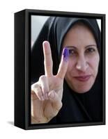 Iraqi Woman Holds Up Her Purple Finger, Indicating She Has Just Voted in Southern Iraq-null-Framed Stretched Canvas