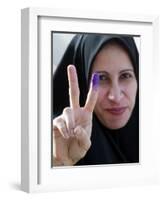 Iraqi Woman Holds Up Her Purple Finger, Indicating She Has Just Voted in Southern Iraq-null-Framed Photographic Print