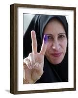 Iraqi Woman Holds Up Her Purple Finger, Indicating She Has Just Voted in Southern Iraq-null-Framed Photographic Print