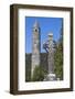 Ireland, County Wicklow, Glendalough, Celtic cross and Round Tower-Walter Bibikow-Framed Photographic Print