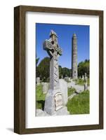 Ireland, County Wicklow, Glendalough, Celtic cross and Round Tower-Walter Bibikow-Framed Photographic Print