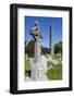 Ireland, County Wicklow, Glendalough, Celtic cross and Round Tower-Walter Bibikow-Framed Photographic Print